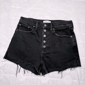 Abercrombie Black Denim High Rise Button Shorts Frayed Hem Womens Size 26 Trendy